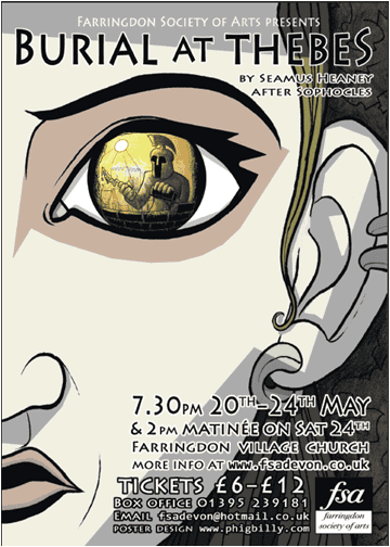 Poster for a Farringdon Society of Arts production of The Burial at Thebes by Seamus Heaney